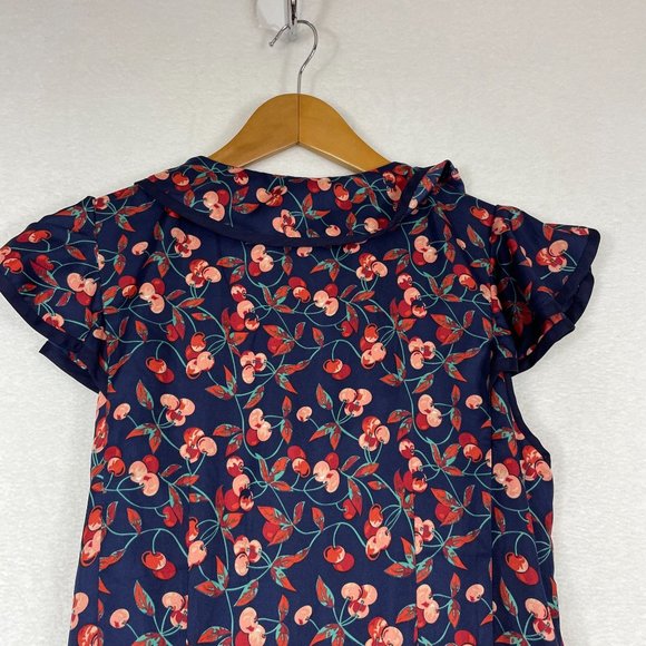 Anthropologie Hey There Cereja Cherry Print Faux Wrap Dress Size 6 Blue Satin - Picture 12 of 15